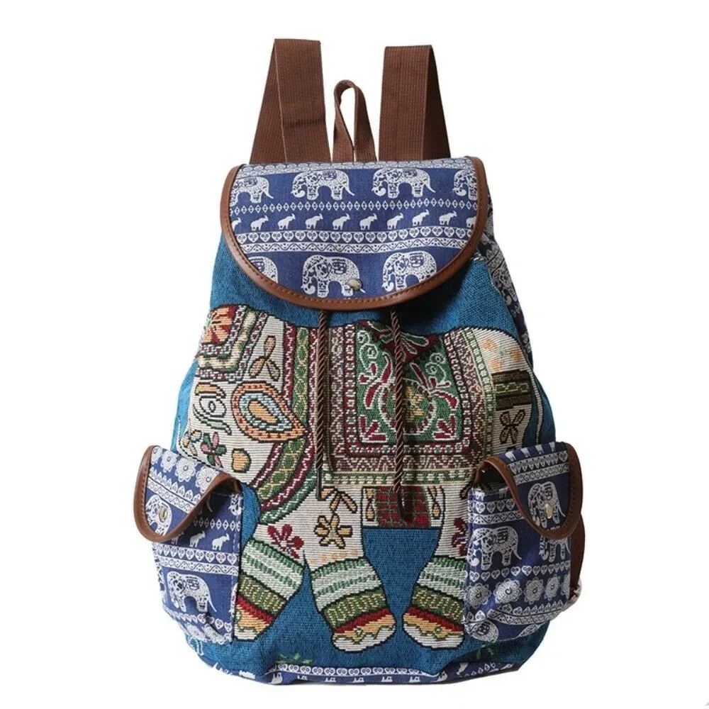 sac à dos décontracté en toile brodé style ethnique jacquard avec motif éléphant et hibou, sac seau à cordon pour la plage