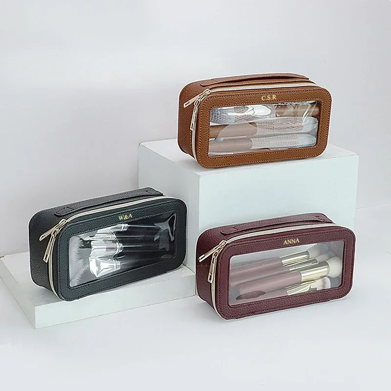 sac de toilette en cuir pu personnalisé avec lettres, transparent, pour femme, avec fermeture éclair, imperméable, grande capacité, sac de rangement de luxe