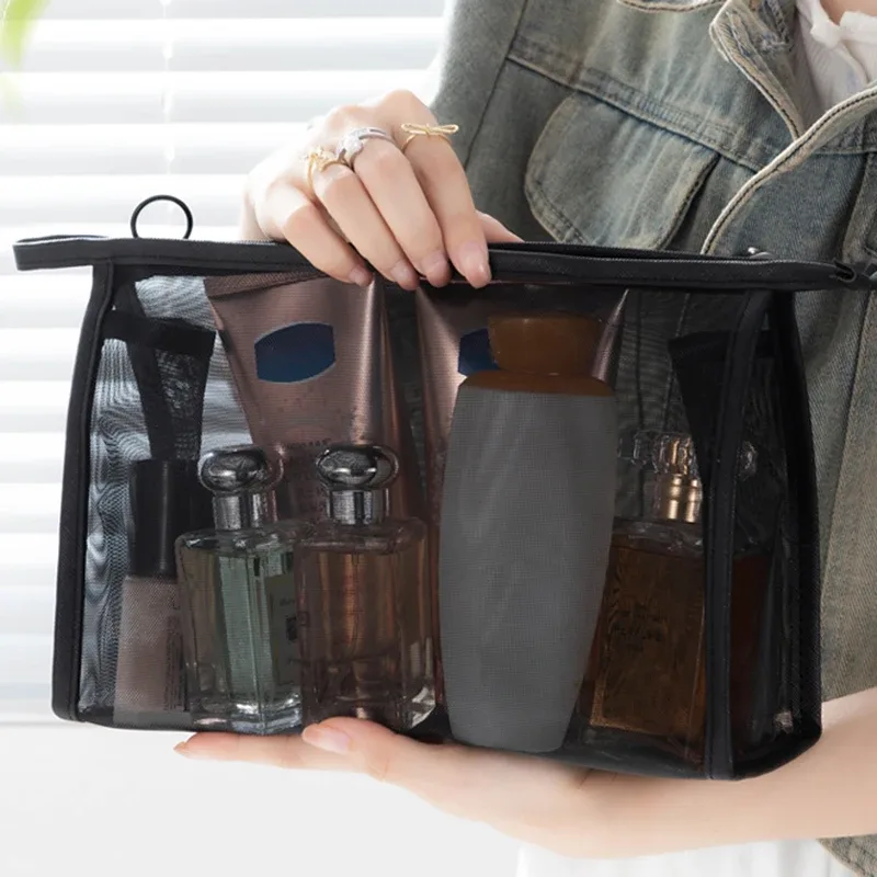 Sac à cosmétiques de voyage en maille noire, trousse de maquillage à fermeture éclair pour femmes, trousse de toilette de lavage, organisateur de maquillage, pochette de rangement Portable