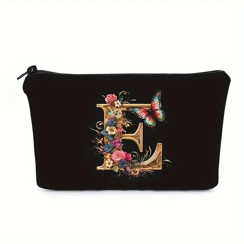 trousse de maquillage noire avec imprimés de 26 lettres de l'alphabet anglais, pochette à cosmétiques, sacs de rangement multifonctionnels