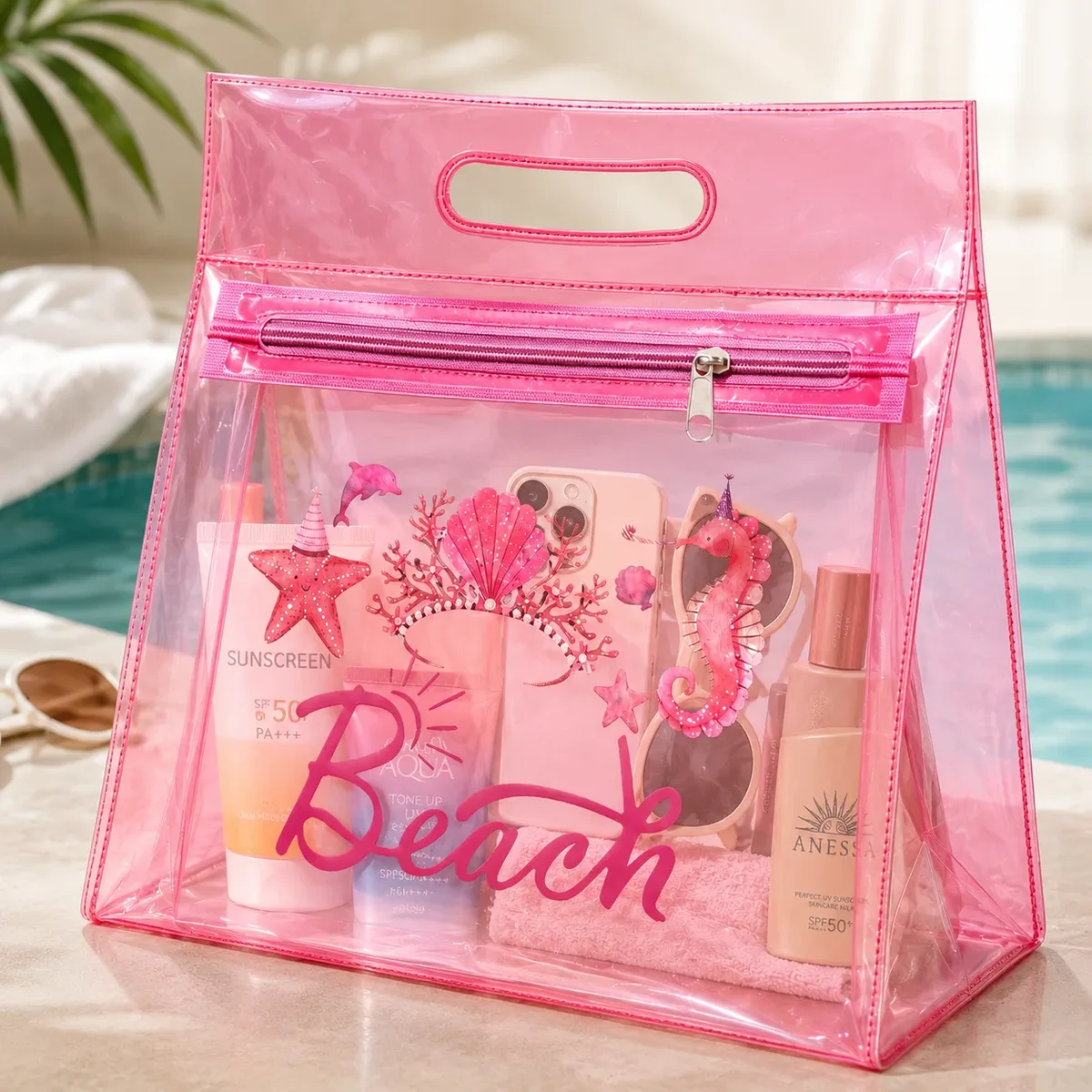 sac de plage en pvc transparent rose, organiseur de cosmétiques étanche avec fermeture éclair pour femmes, piscine, voyage, articles de toilette et été