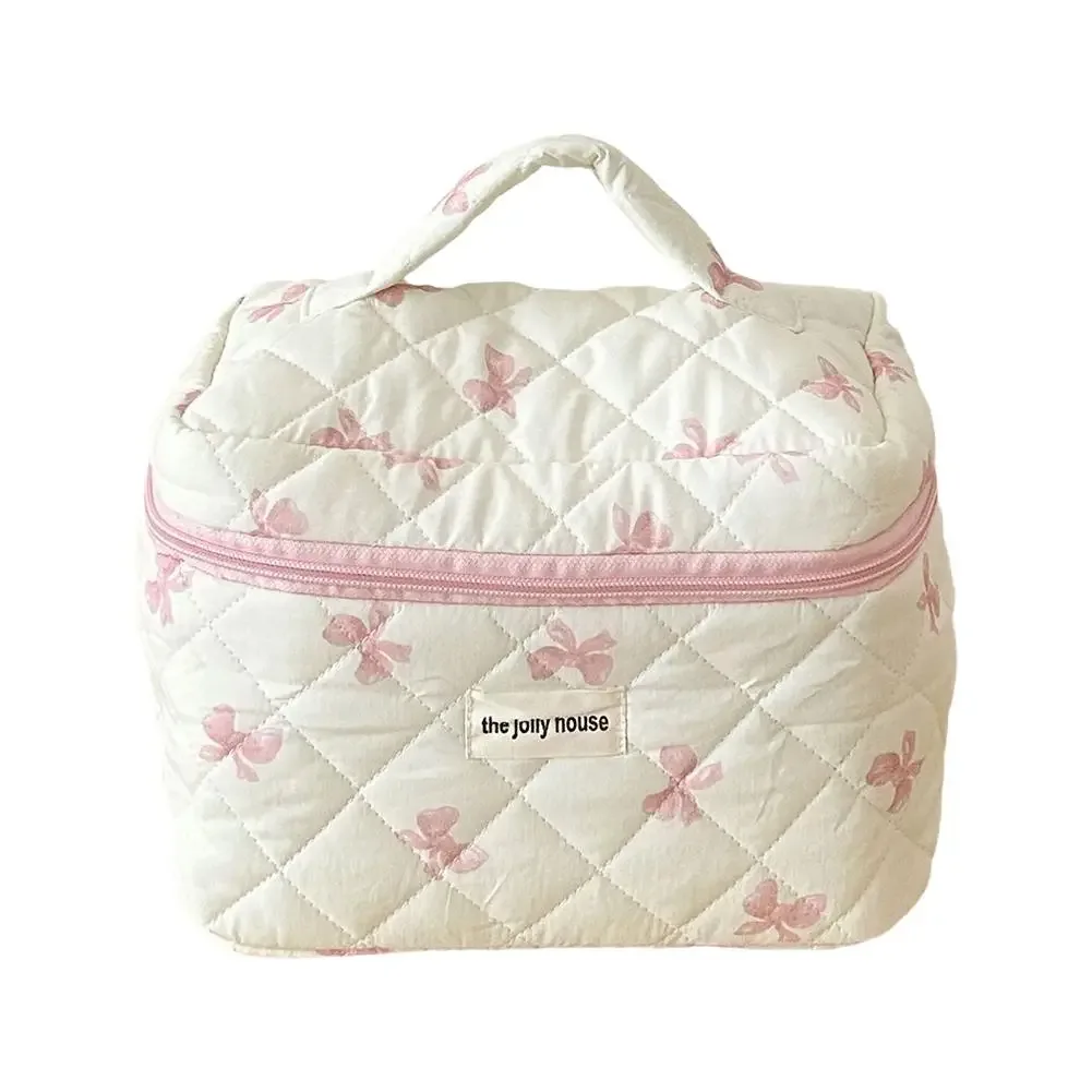 trousse de maquillage matelassée à nœud blanc, jolie pochette à cosmétiques pour filles, grande capacité, organisateur de toilette de voyage, sac à main, sac de lavage portable