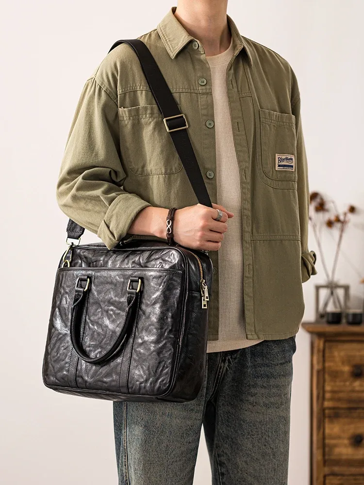 porte-documents simple et décontracté en cuir véritable pour hommes, grande capacité, travail d'affaires, luxe, cuir de vache, avocat, noir, sac à main pour ordinateur