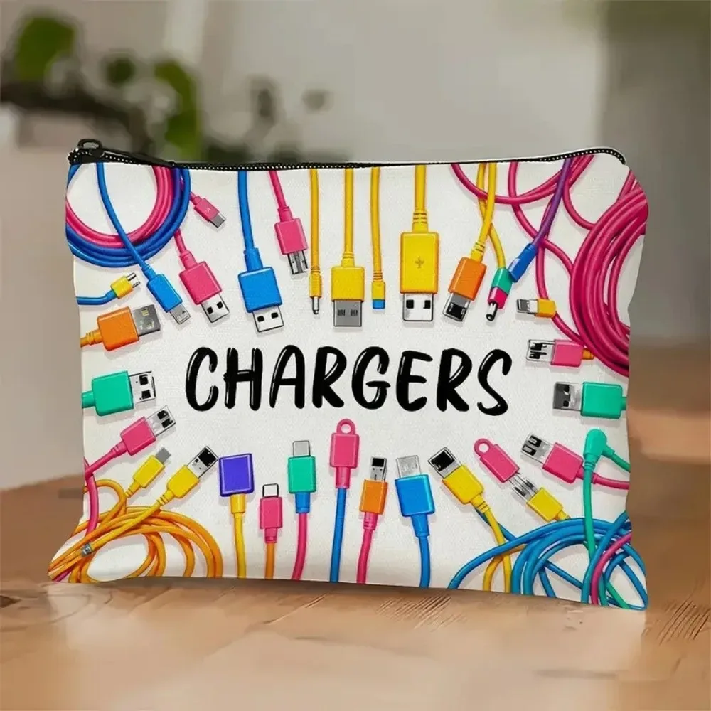 nouvelle pochette de rangement pour chargeur en toile, fermeture à glissière, design imprimé, organiseur de câbles, sac de grande capacité, organiseur de cosmétiques, utilisation en voyage