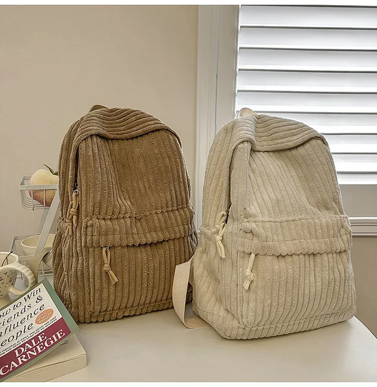 sac à dos rayé en velours côtelé pour femmes, cartable d'étudiant simple, grande capacité, rangement sur ordinateur, sac à dos de voyage pour femmes