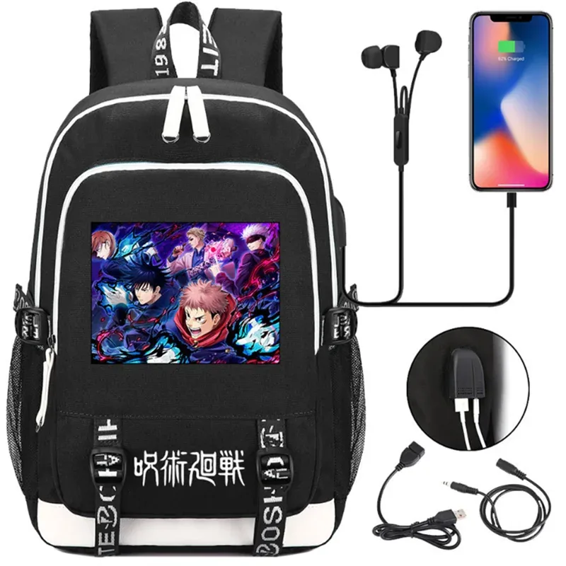jujutsu kaisen anime sacs à dos adolescents livre cartable unisexe mode usb port de charge ordinateur portable voyage épaule en plein air mochila