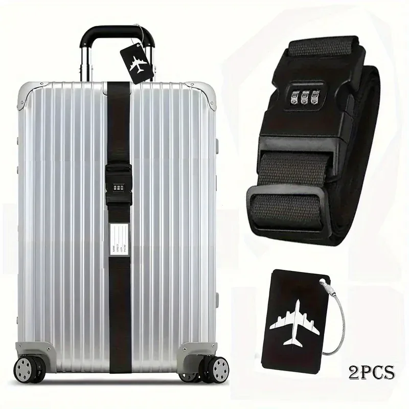 lot de 2 sangles de bagages de voyage, ensemble d'étiquettes de bagages, ensemble de cadenas à combinaison avec étiquettes