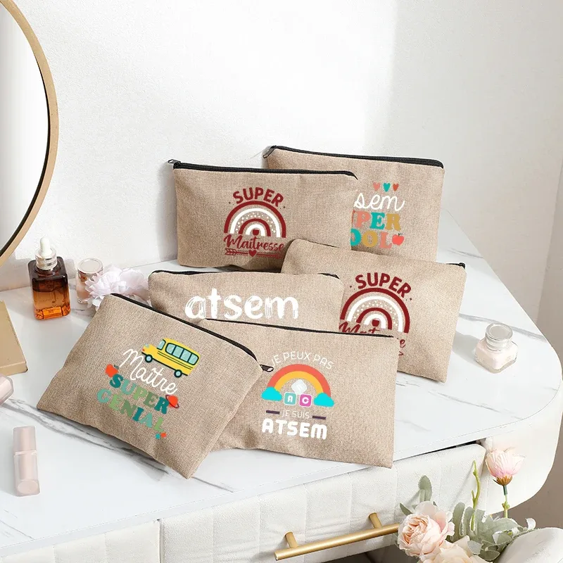 super atsem maitresse – trousse de toilette en lin, fermeture éclair, fournitures de bureau, trousse à crayons, portefeuille, sacs de maquillage polyvalents, cadeau pour les enseignants