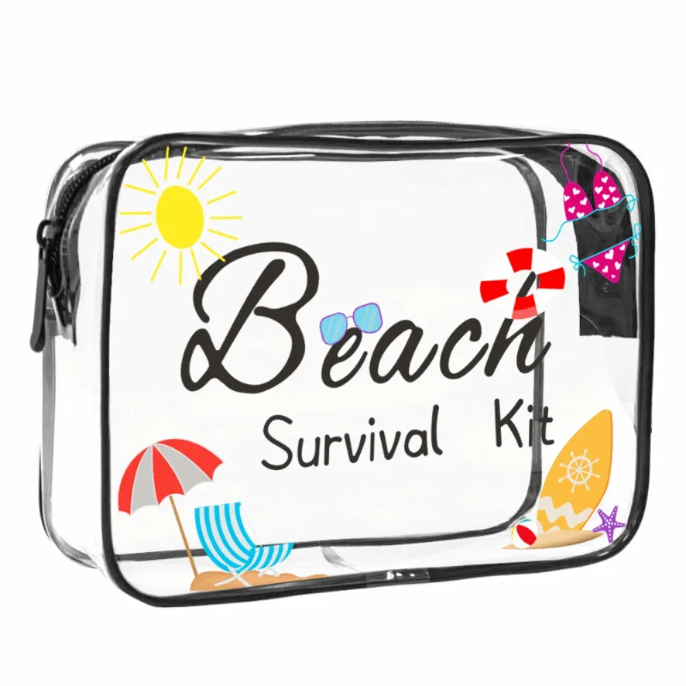 trousse de maquillage tendance de grande capacité, sac de rangement visible sur le thème de la plage, organisateur de voyage léger et portable pour femmes