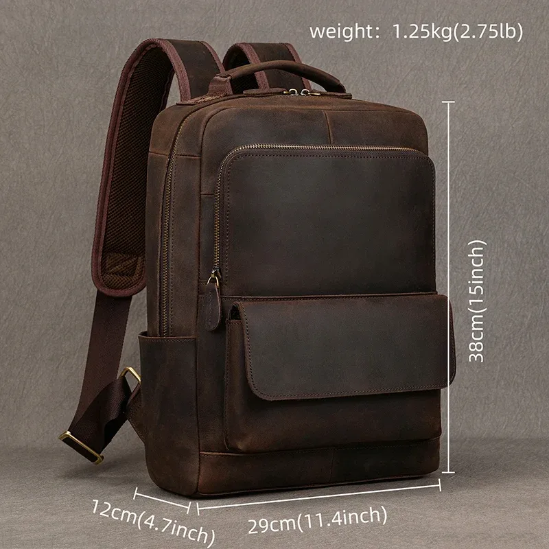 elin-sac à dos en cuir de cheval pour homme, sac à dos en cuir véritable pour ordinateur portable, sac de voyage, sac d'école pour homme d'affaires