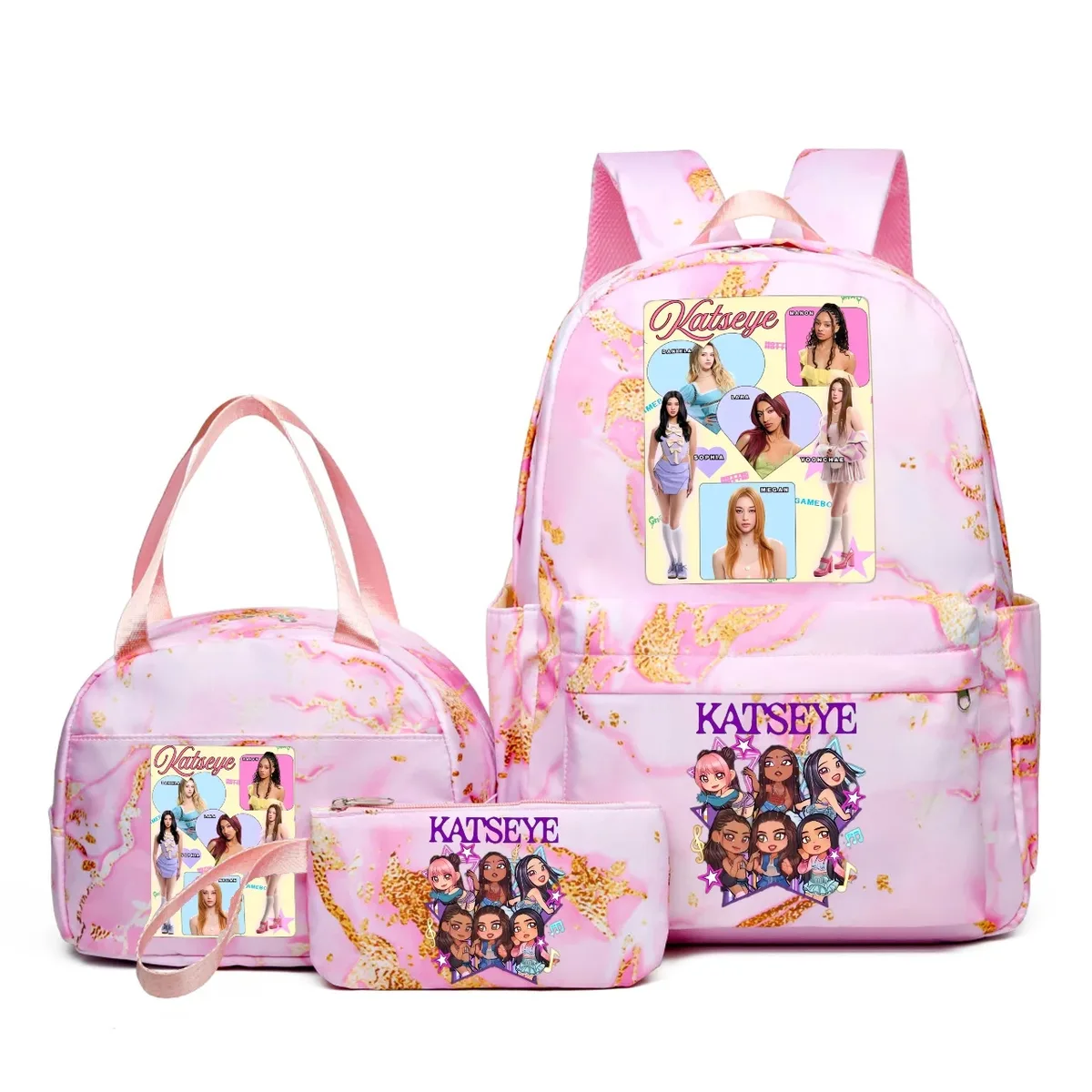 sacs à dos katseye music 3 pièces pour femmes et filles, sacs à dos de voyage et d'extérieur dégradés avec sacs à déjeuner, légers, pour adolescents, ordinateur portable, mochila