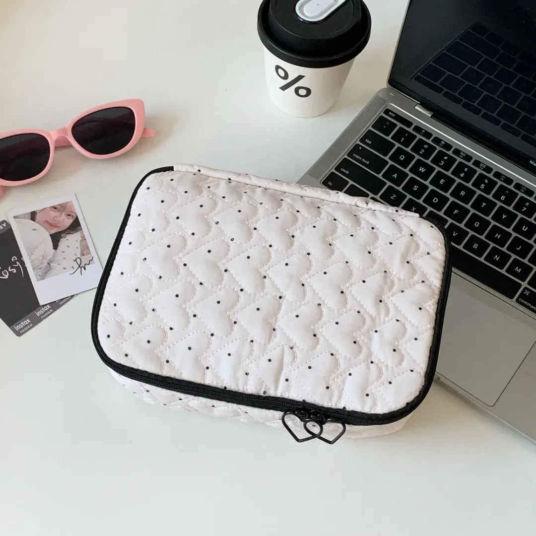 trousse de toilette matelassée à pois pour femme, grande capacité, sac de maquillage de voyage, organiseur de toilette à fermeture éclair, étui de rangement multifonctionnel pour produits de beauté