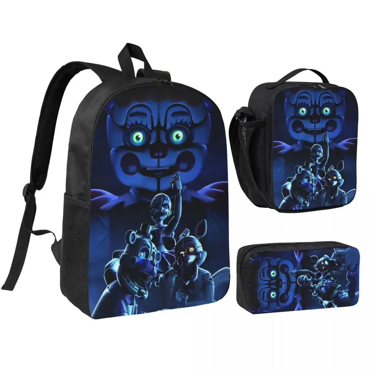 3pecs/ensemble glamrock fnaf sac à dos de jeu vidéo pour étudiant retour à l'école sacs en toile sac à déjeuner trousse à crayons