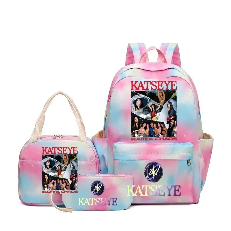 sac à dos grande capacité imprimé katseye amusant, léger, pour l'école, les voyages, décontracté, pour femmes et filles, avec compartiment pour stylos et sac à déjeuner