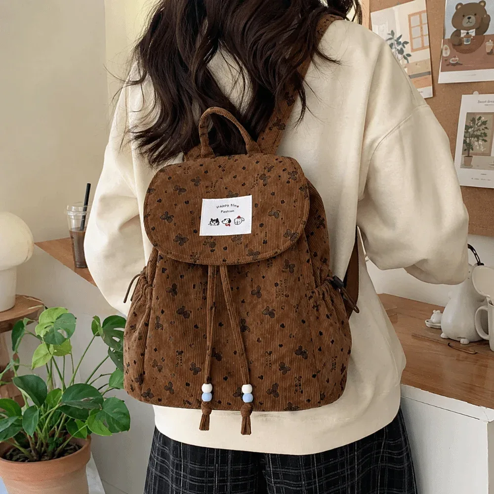 sac à dos léger en velours côtelé à imprimé nœud papillon, grande capacité, décontracté, avec cordon de serrage, polyvalent, design simple, pour les voyages courts