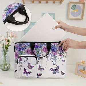 sac à main pour ordinateur portable à motif floral de papillons violets et d'hortensias, étui antichoc pour ordinateur portable avec poche avant pour les voyages et le bureau.
