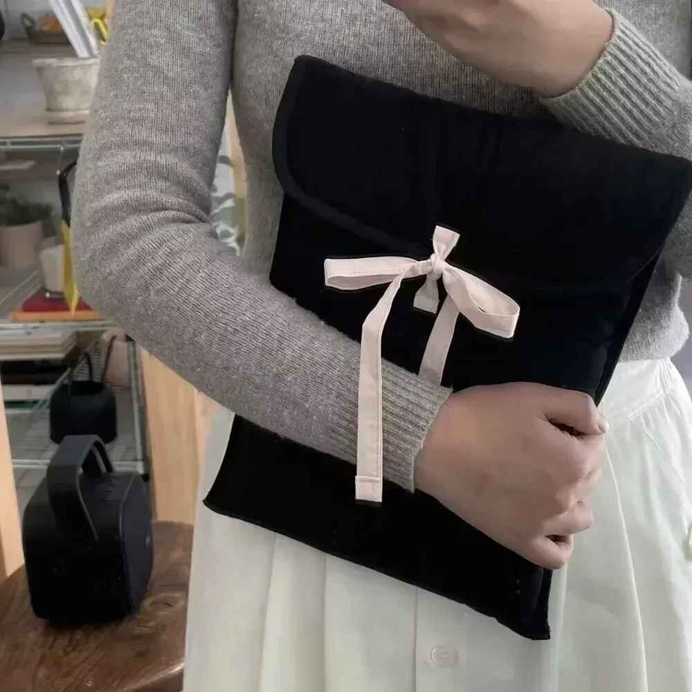 sac d'ordinateur coréen avec nœud papillon y2k, sac à main de rangement pour tablettes noires et roses pour femmes, pochette de rangement de cosmétiques de voyage douce