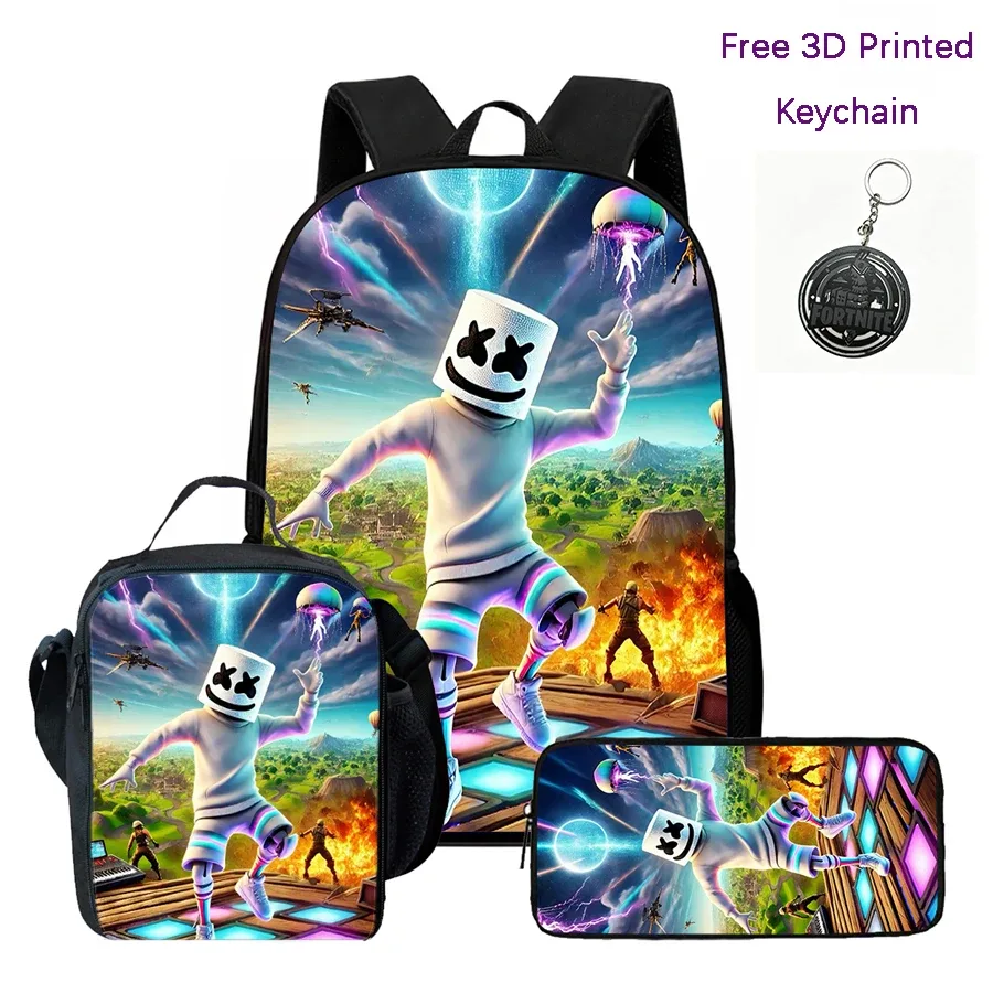 ensemble de 3 sacs à dos pour enfants, sac à lunch et trousse à crayons, sac fortnite à motif de dessin animé, léger pour garçons et filles de 6 à 10 ans, porte-clés imprimé en 3d gratuit