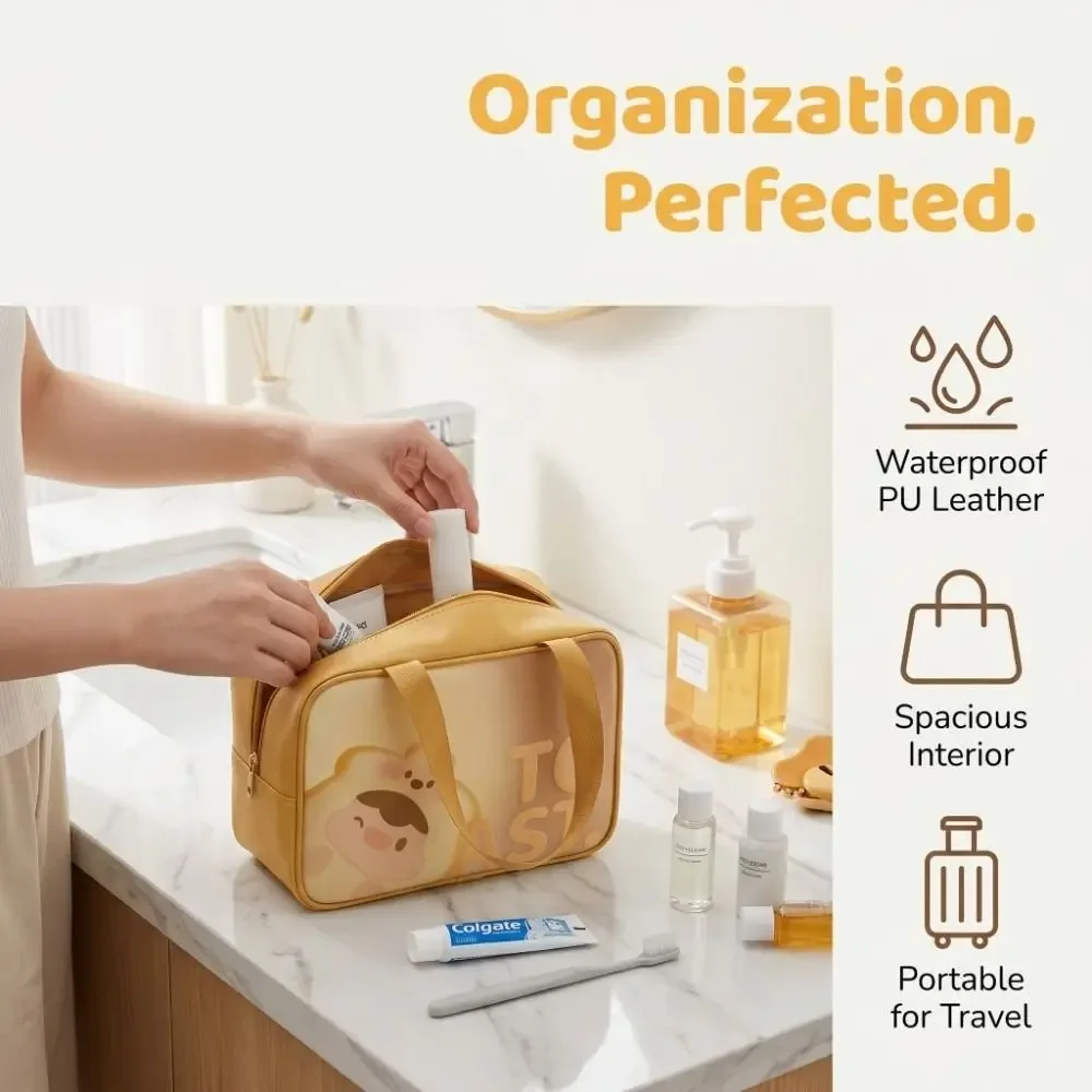 sac de toilette transparent portable, imperméable, givré, grande capacité, sac à cosmétiques avec imprimé de dessin animé, étui de maquillage de voyage peu encombrant.