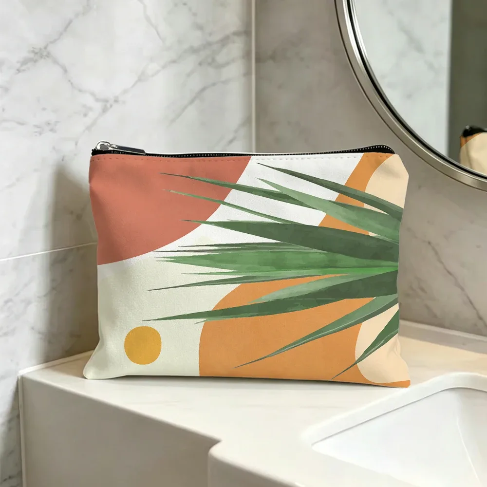 trousse de maquillage bohème en toile, motif abstrait de feuilles de plantes botaniques, pochette cosmétique minimaliste avec fermeture éclair, organisateur de toilette portable pour voyage.