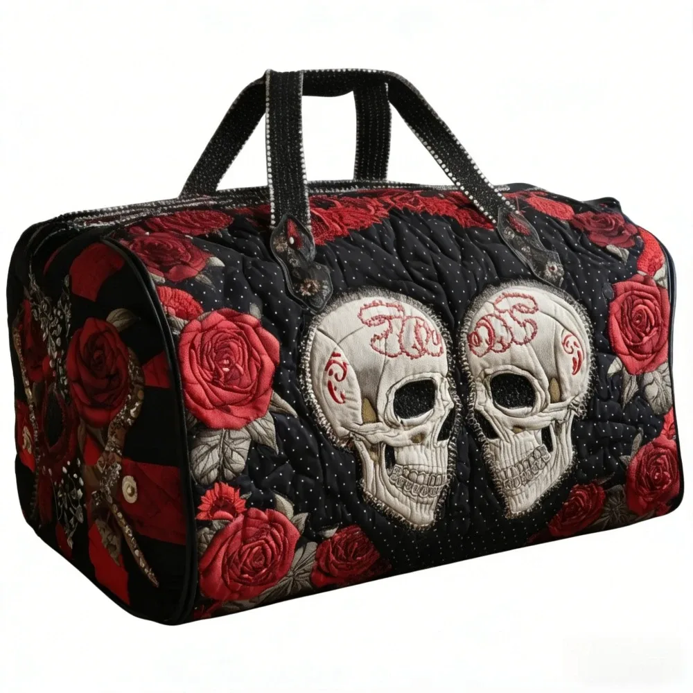 sac de voyage matelassé 3d vintage gothique imprimé crâne et rose, sac de week-end, bagage cabine, sac à main y2k style motard chic, sacs de vacances uniques