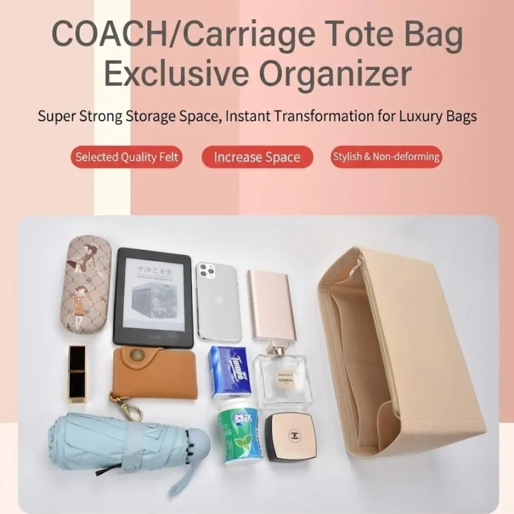 organisateur de sac à main pour coach central tote, avec fermeture éclair, séparateur de sac à main, formeur de sac à main, doublure avec plusieurs poches, sac de rangement pour le maquillage