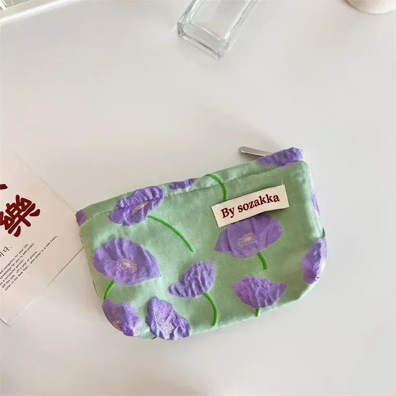 trousse de maquillage imprimée de fleurs 3d pour femmes, petit sac cosmétique, pinceaux de maquillage, rouge à lèvres, trousse de rangement mignonne, style coréen