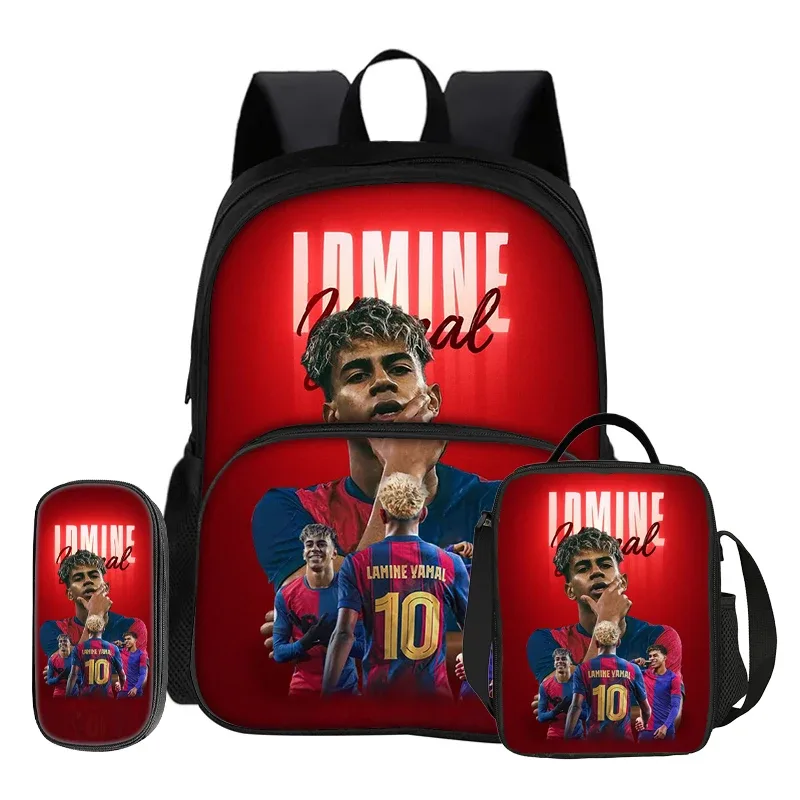 ensemble de 3 pièces avec sac à dos à poche avant football star, sac à déjeuner isotherme, trousse à crayons, sac à dos l-lamin yamal