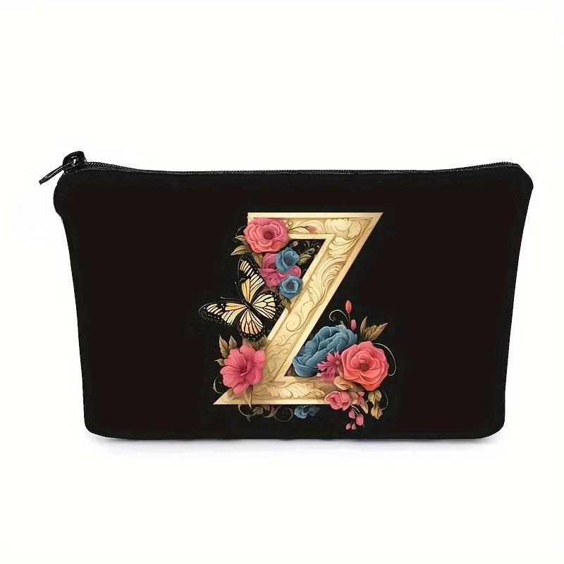 trousse de maquillage noire avec imprimés de 26 lettres de l'alphabet anglais, pochette à cosmétiques, sacs de rangement multifonctionnels