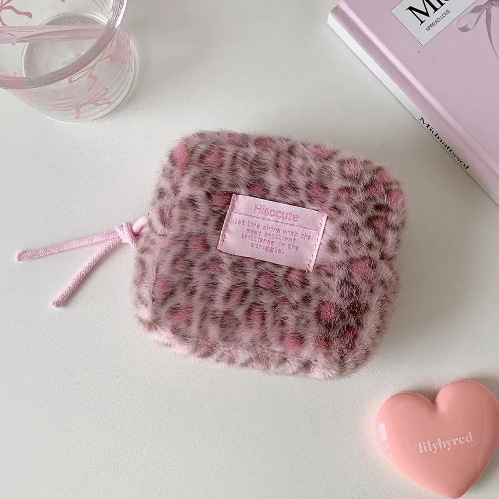pochette cosmétique en peluche à imprimé léopard, mignonne, chaude, mini, carrée, légère, boîte à rouge à lèvres, sac de rangement pour maquillage, pour un usage quotidien