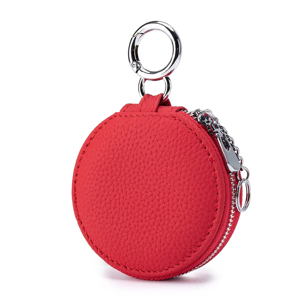sac de rangement rond en cuir véritable pour femmes, sac rond pour rouge à lèvres souple, sac pour écouteurs avec miroir, sac porte-clés pendentif de grande capacité