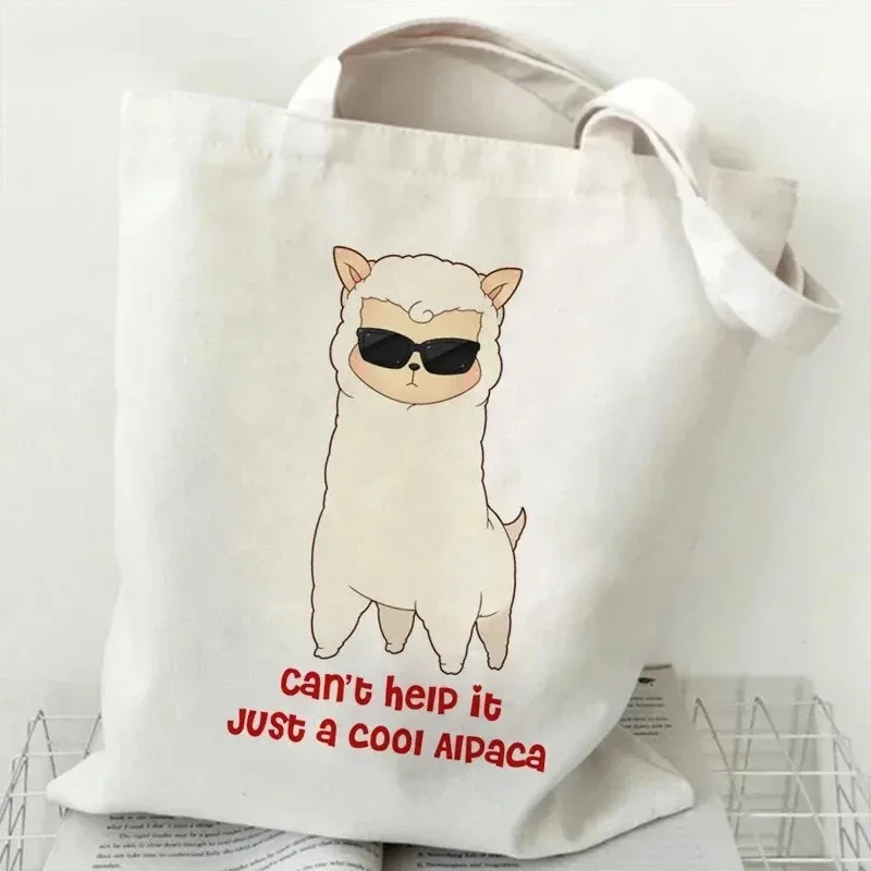sac à main à motif d'alpaga mignon, imprimé animal de dessin animé, grande capacité, sac de shopping blanc, sac à bandoulière pour femme
