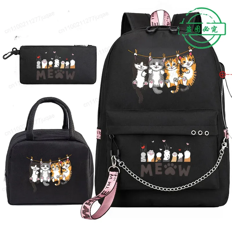 sac à dos scolaire pour étudiants et adolescents, sac à dos mignon kawaii avec motif de chat anime, sac à dos pour livres avec sacs à lunch portables, 3 pièces