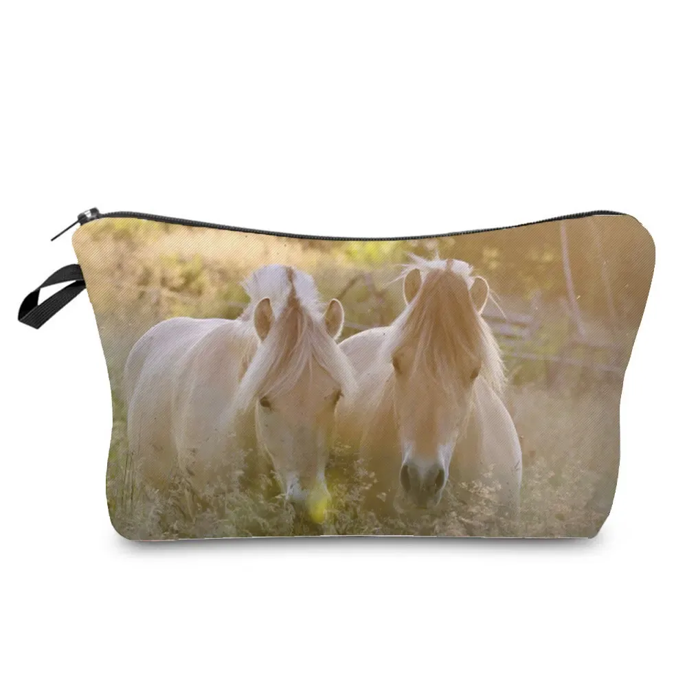 sacs de maquillage imprimés cheval pour femmes, sac à cosmétiques décontracté pour filles, mini trousse de toilette écologique réutilisable de voyage, trousse à crayons pour étudiants