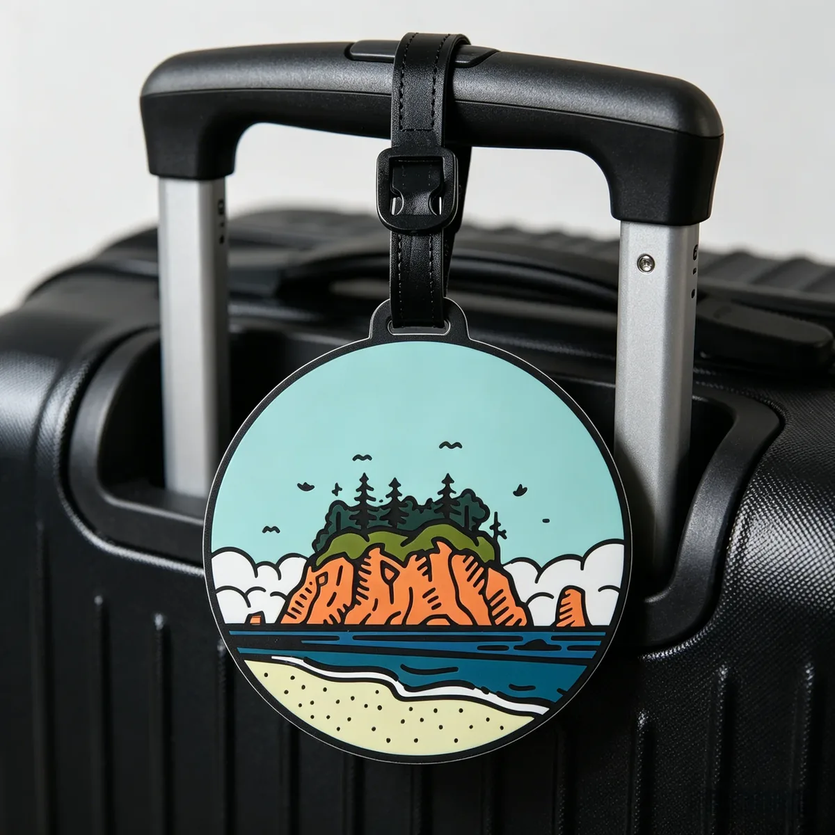 étiquette de bagage en caoutchouc souple de la série paysages naturels circulaires, un élément de voyage magnifique pour les amateurs de plein air, les voyageurs et les navetteurs