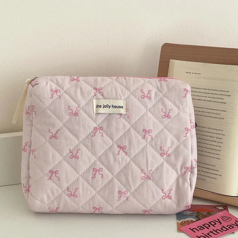 3 pièces grand + moyen + petit nœud papillon rose matelassé femmes sacs à cosmétiques portable fermeture éclair maquillage voyage organisateur sac à main pochette de toilette