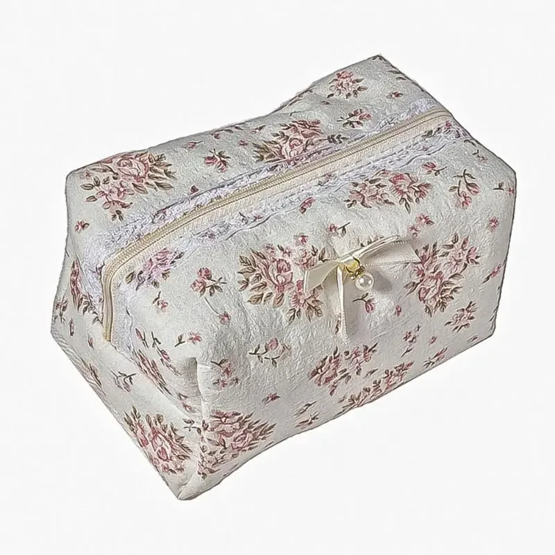 organisateur de maquillage de grande capacité pour femmes, 1 pièce, sac à cosmétiques avec nœud en dentelle, trousse de toilette de voyage, sac de rangement, trousse à crayons à volants à fermeture éclair