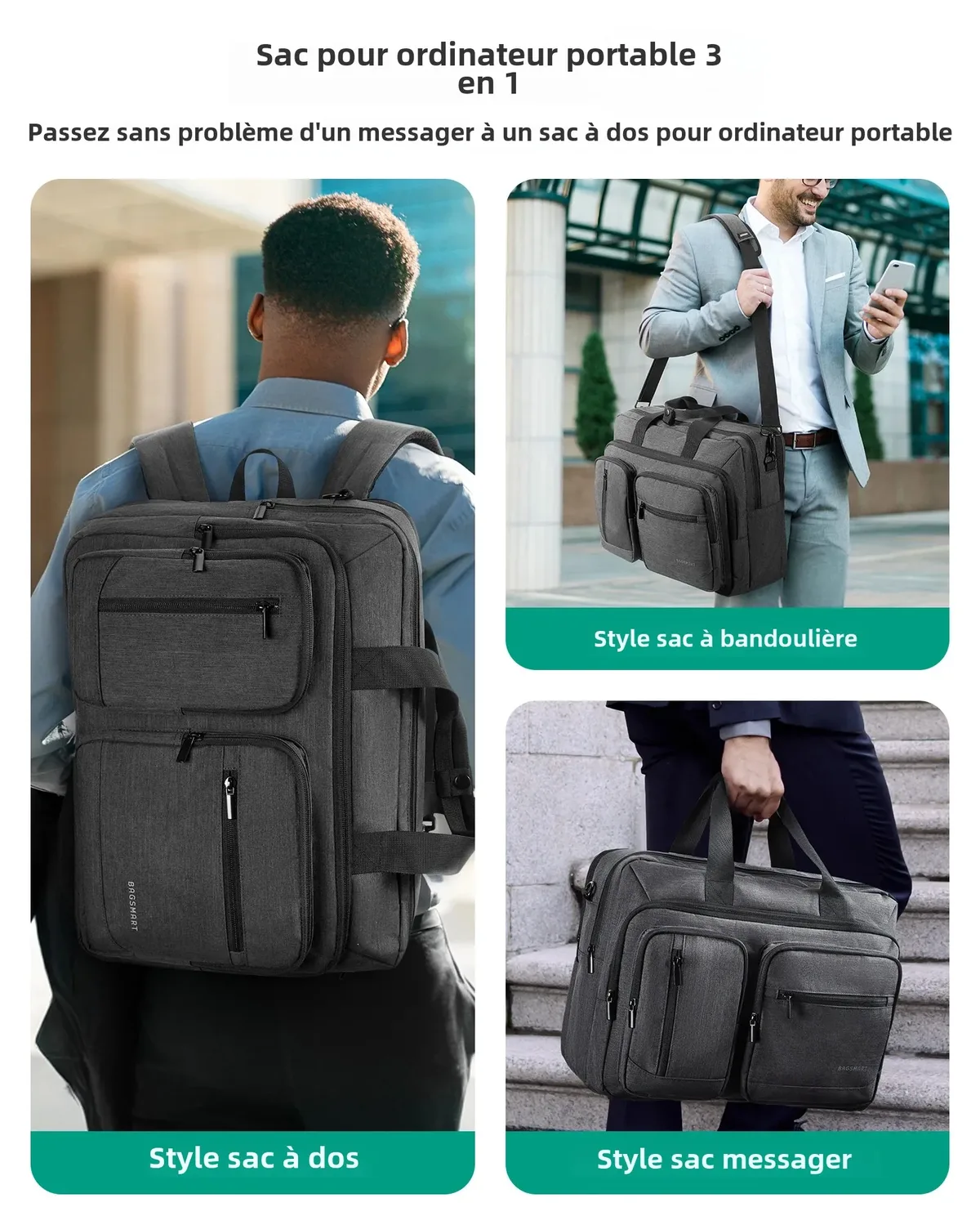 bagsmart-sac pour ordinateur portable 3 en 1 pour homme, sac à dos hydrofuge, étui pour bombes informatiques, 17.3 en effet, sac lancé pour ordinateur portable, sac de voyage d'affaires