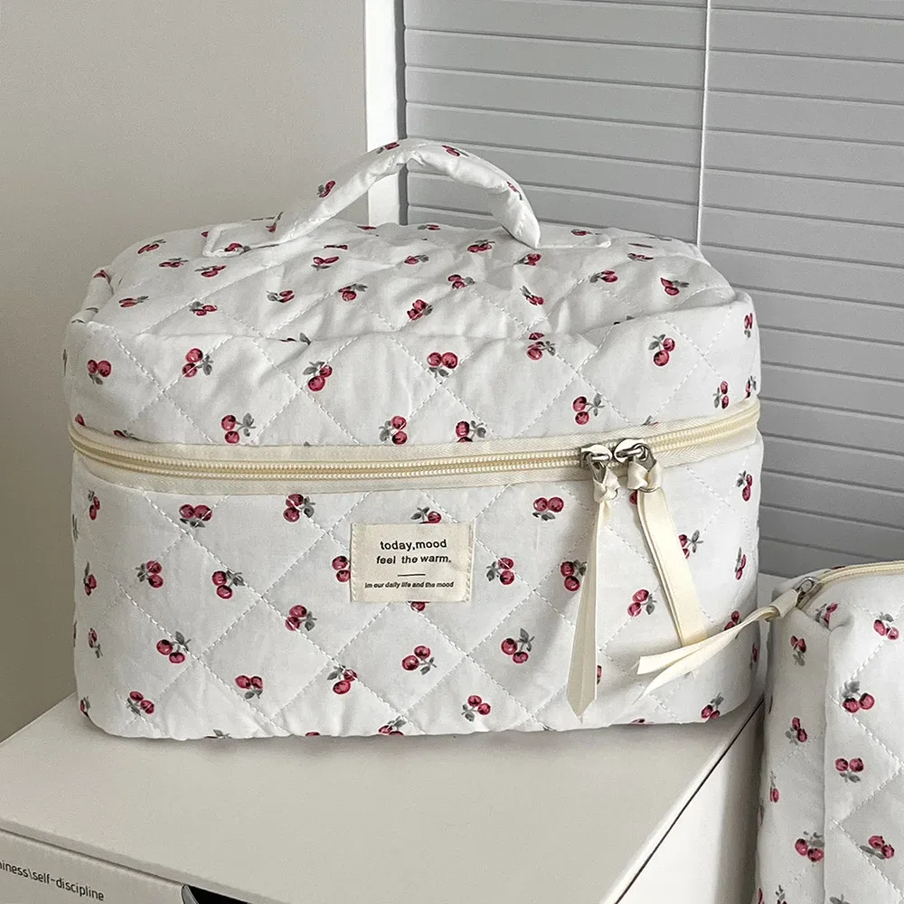 mode cerise fourre-tout femmes sac de maquillage portable mignon dames cosmétique toilette pochette de rangement sac à main coton matelassé sac à fermeture éclair