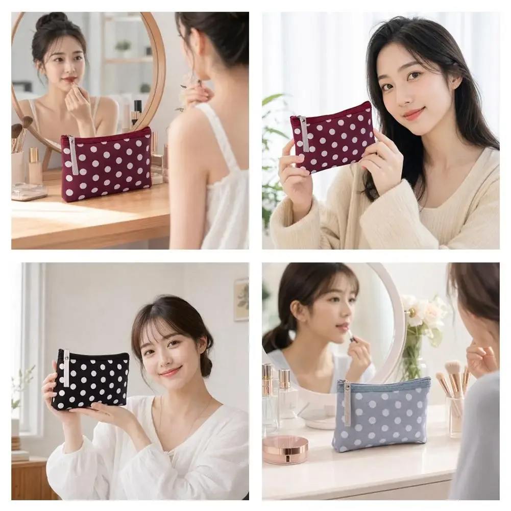 jolie trousse de maquillage en toile à pois pour femmes, pochette de rangement portable pour cosmétiques, trousse de toilette de voyage à fermeture éclair, étui à crayons, organisateur