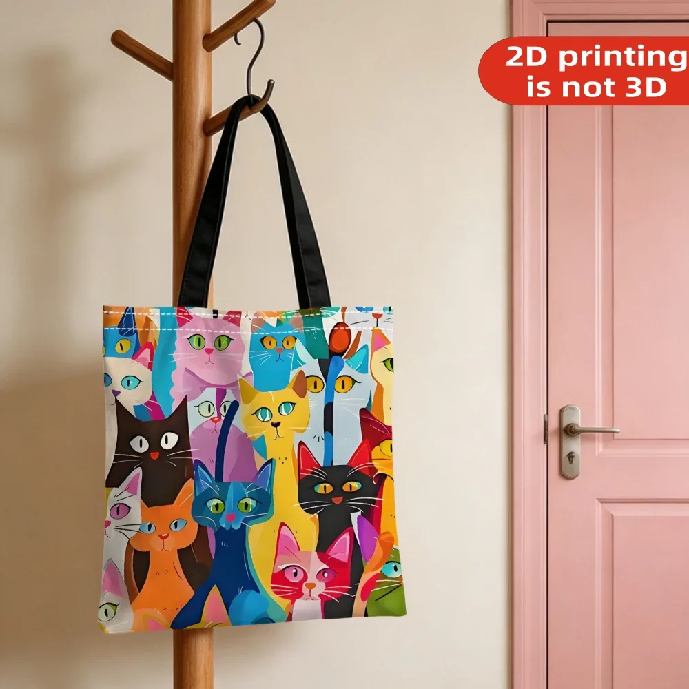 Sac à main décontracté imprimé chaton coloré, sac à dos réutilisable et tendance, sac à main multifonctionnel, sac de shopping imprimé 40x40cm