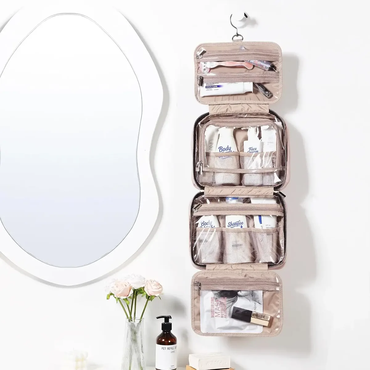 trousse de toilette de voyage pour femmes, rose, organisateur de maquillage portable à suspendre, ensemble de brosses à shampooing de taille voyage, accessoires de maquillage