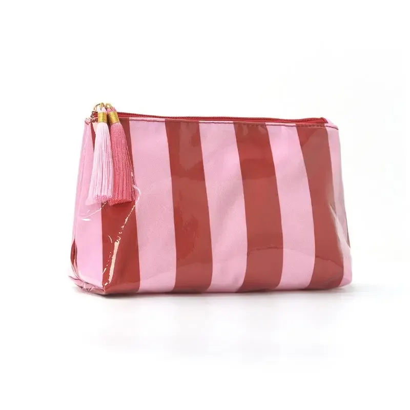 pochette cosmétique rayée en pvc avec franges et fermeture éclair, trousse de toilette imperméable, étui pour pinceaux de maquillage