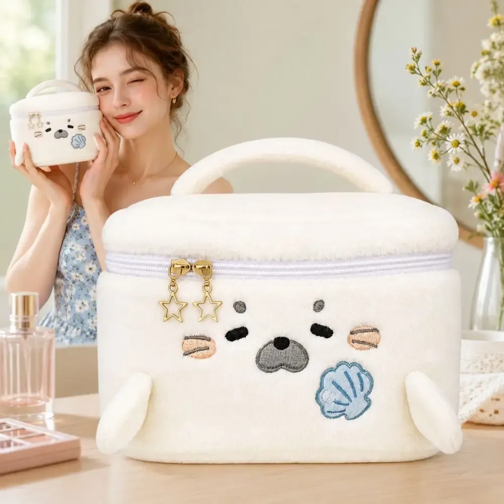Trousse de Maquillage Grande Capacité en Forme de Phoque Moelleux, Sac Cosmétique Portable à Motif Brodé, Trousse de Toilette de Voyage Polyvalente