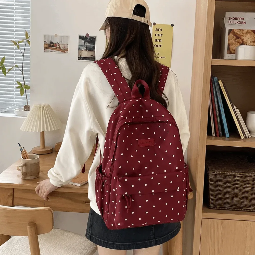 Sac à dos à pois style minimaliste à double bretelle, grande capacité, mignon, léger, imperméable, pour l'école et les voyages