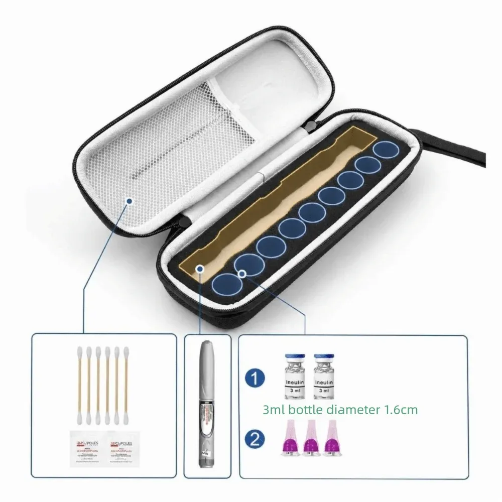 boîte de rangement portable pour flacons d'insuline, étui de transport réutilisable avec poche en maille, fentes en mousse prédécoupées, organisateur de stockage de peptides