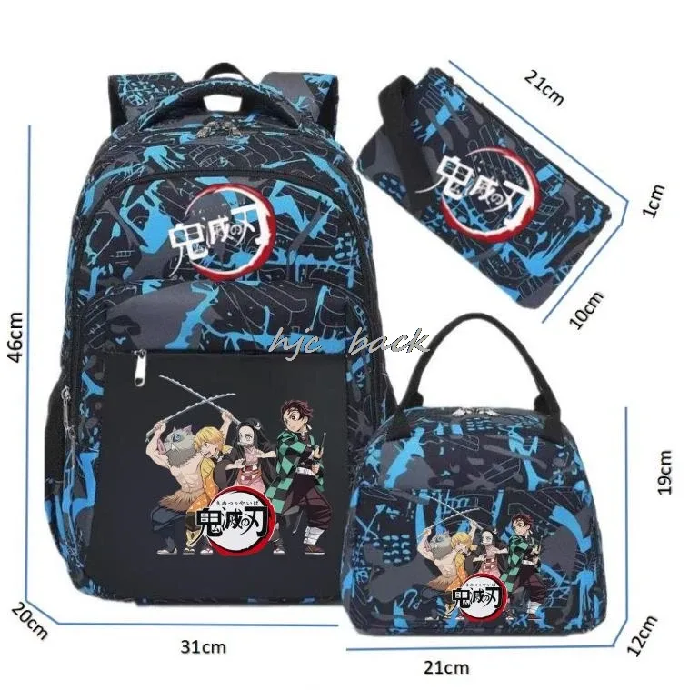 lot de 3 sacs à dos kamado nezuko demon slayer camouflage avec sac à déjeuner pour adolescents, sacs d'école pour étudiants, ensemble de voyage décontracté