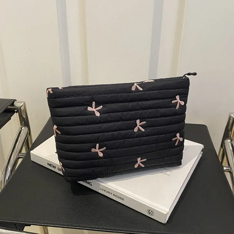 trousse de maquillage mignonne avec fermeture éclair, sac à cosmétiques de grande capacité, sac de rangement de lavage avec nœud brodé