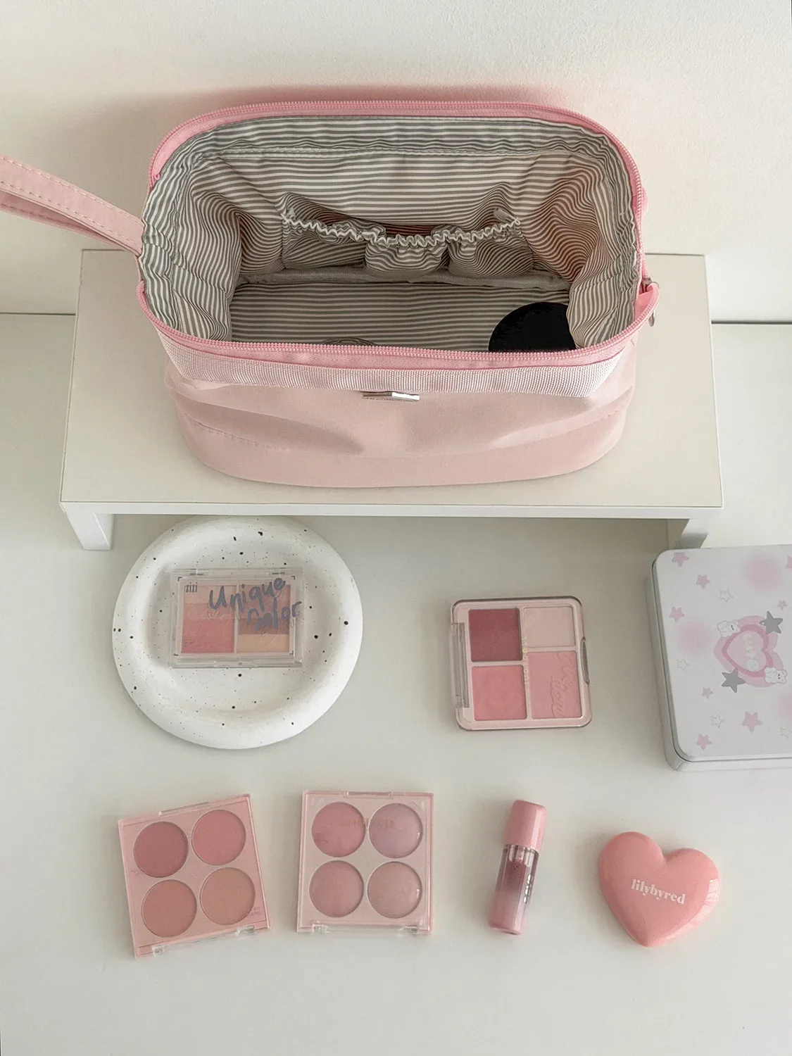 trousse de maquillage yt grande capacité à ouverture large, simple et élégante, avec compartiments, sac de rangement cosmétique, trousse de toilette