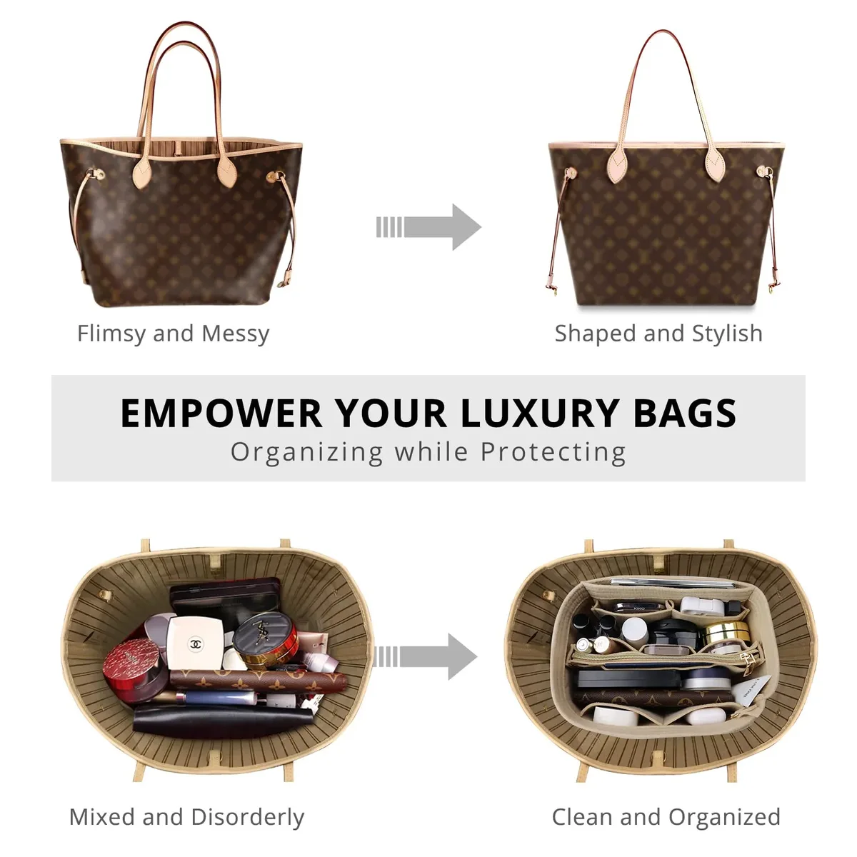 insert organisateur de sac à main en feutre – séparateur de sac fourre-tout de voyage avec fermeture éclair, insert de sac à main pour longchamp, neverfull, speedy & more